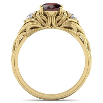 Garnet Ring: Garnet Jewelry: 1 1/5 Carat Oval Shape Garnet and Diamond Intricate Vine Engagement Ring In 14 Karat Yellow Gold