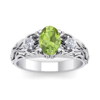 1 1/10 Carat Oval Shape Peridot and Diamond Intricate Vine Engagement Ring In 14 Karat White Gold