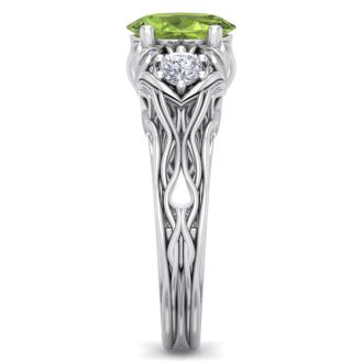 1 1/10 Carat Oval Shape Peridot and Diamond Intricate Vine Engagement Ring In 14 Karat White Gold