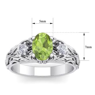 1 1/10 Carat Oval Shape Peridot and Diamond Intricate Vine Engagement Ring In 14 Karat White Gold