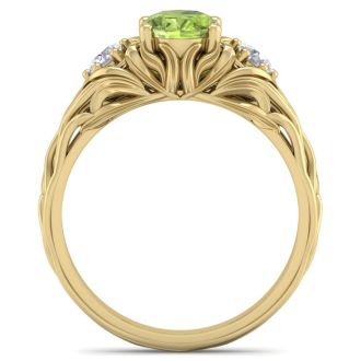 1 1/10 Carat Oval Shape Peridot and Diamond Intricate Vine Engagement Ring In 14 Karat Yellow Gold