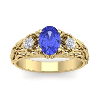 1 1/10 Carat Oval Shape Tanzanite and Diamond Intricate Vine Engagement Ring In 14 Karat Yellow Gold