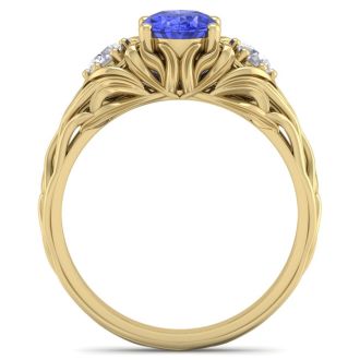1 1/10 Carat Oval Shape Tanzanite and Diamond Intricate Vine Engagement Ring In 14 Karat Yellow Gold