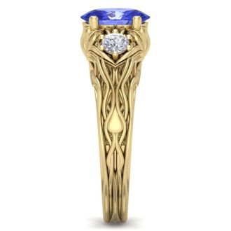 1 1/10 Carat Oval Shape Tanzanite and Diamond Intricate Vine Engagement Ring In 14 Karat Yellow Gold