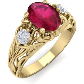 1 1/10 Carat Oval Shape Ruby and Diamond Intricate Vine Engagement Ring In 14 Karat Yellow Gold