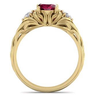 1 1/10 Carat Oval Shape Ruby and Diamond Intricate Vine Engagement Ring In 14 Karat Yellow Gold