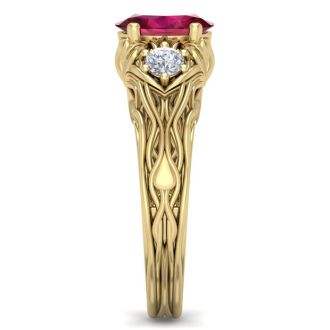 1 1/10 Carat Oval Shape Ruby and Diamond Intricate Vine Engagement Ring In 14 Karat Yellow Gold