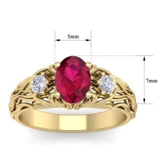 1 1/10 Carat Oval Shape Ruby and Diamond Intricate Vine Engagement Ring In 14 Karat Yellow Gold