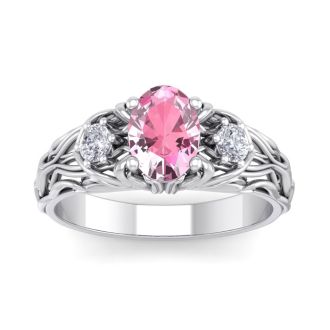 Pink Gemstones 1 Carat Oval Shape Pink Topaz and Diamond Intricate Vine Engagement Ring In 14 Karat White Gold