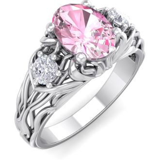 Pink Gemstones 1 Carat Oval Shape Pink Topaz and Diamond Intricate Vine Engagement Ring In 14 Karat White Gold