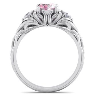 Pink Gemstones 1 Carat Oval Shape Pink Topaz and Diamond Intricate Vine Engagement Ring In 14 Karat White Gold