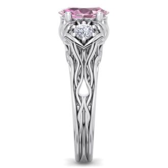 Pink Gemstones 1 Carat Oval Shape Pink Topaz and Diamond Intricate Vine Engagement Ring In 14 Karat White Gold