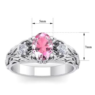 Pink Gemstones 1 Carat Oval Shape Pink Topaz and Diamond Intricate Vine Engagement Ring In 14 Karat White Gold