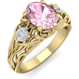 Pink Gemstones 1 Carat Oval Shape Pink Topaz and Diamond Intricate Vine Engagement Ring In 14 Karat Yellow Gold