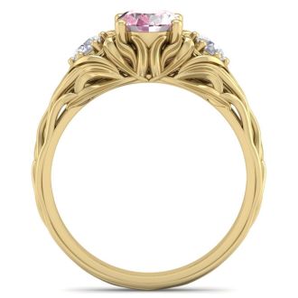 Pink Gemstones 1 Carat Oval Shape Pink Topaz and Diamond Intricate Vine Engagement Ring In 14 Karat Yellow Gold