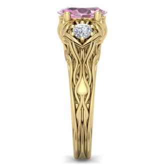 Pink Gemstones 1 Carat Oval Shape Pink Topaz and Diamond Intricate Vine Engagement Ring In 14 Karat Yellow Gold