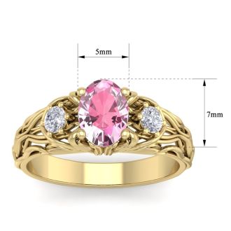 Pink Gemstones 1 Carat Oval Shape Pink Topaz and Diamond Intricate Vine Engagement Ring In 14 Karat Yellow Gold