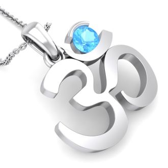1/3 Carat Blue Topaz Om Necklace In 14 Karat White Gold, 18 Inches