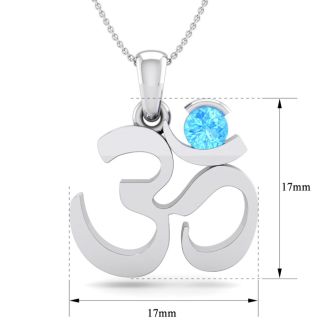 1/3 Carat Blue Topaz Om Necklace In 14 Karat White Gold, 18 Inches