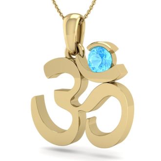 1/3 Carat Blue Topaz Om Necklace In 14 Karat Yellow Gold, 18 Inches