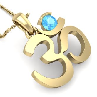 1/3 Carat Blue Topaz Om Necklace In 14 Karat Yellow Gold, 18 Inches