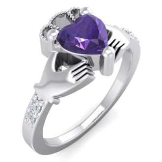 3/4 Carat Heart Shape Amethyst and Diamond Claddagh Ring In 14 Karat White Gold