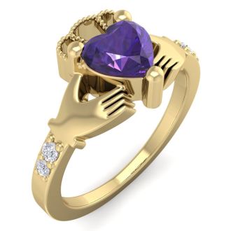 3/4 Carat Heart Shape Amethyst and Diamond Claddagh Ring In 14 Karat Yellow Gold