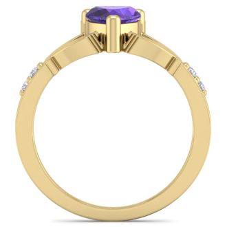 3/4 Carat Heart Shape Amethyst and Diamond Claddagh Ring In 14 Karat Yellow Gold