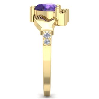 3/4 Carat Heart Shape Amethyst and Diamond Claddagh Ring In 14 Karat Yellow Gold