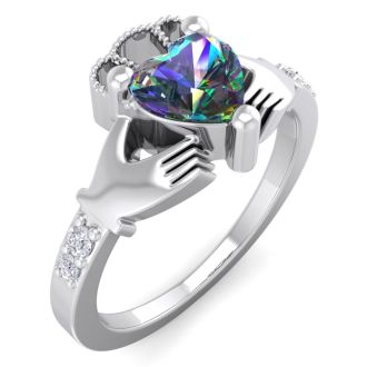 1 Carat Heart Shape Claddagh Mystic Topaz Ring and Diamonds In 14 Karat White Gold