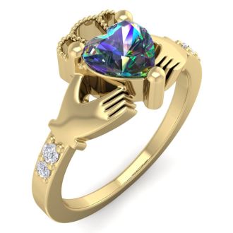 1 Carat Heart Shape Claddagh Mystic Topaz Ring and Diamonds In 14 Karat Yellow Gold