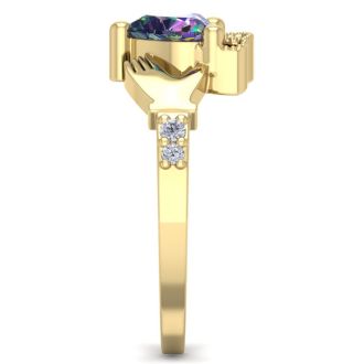 1 Carat Heart Shape Claddagh Mystic Topaz Ring and Diamonds In 14 Karat Yellow Gold