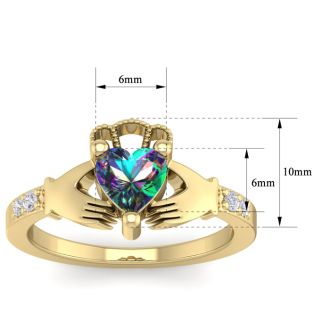1 Carat Heart Shape Claddagh Mystic Topaz Ring and Diamonds In 14 Karat Yellow Gold