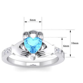1 Carat Heart Shape Blue Topaz and Diamond Claddagh Ring In 14 Karat White Gold