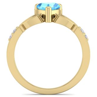 1 Carat Heart Shape Blue Topaz and Diamond Claddagh Ring In 14 Karat Yellow Gold