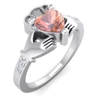 3/4 Carat Heart Shape Morganite and Diamond Claddagh Ring In 14 Karat White Gold