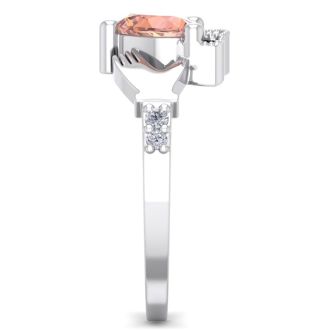3/4 Carat Heart Shape Morganite and Diamond Claddagh Ring In 14 Karat White Gold