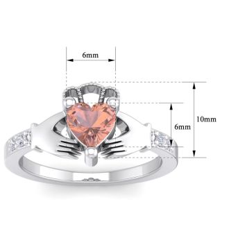 3/4 Carat Heart Shape Morganite and Diamond Claddagh Ring In 14 Karat White Gold