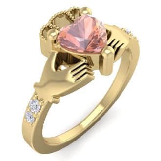 3/4 Carat Heart Shape Morganite and Diamond Claddagh Ring In 14 Karat Yellow Gold