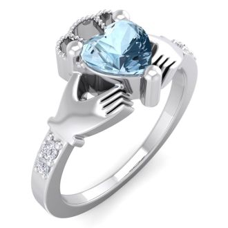 Aquamarine Ring: Aquamarine Jewelry: 3/4 Carat Heart Shape Aquamarine and Diamond Claddagh Ring In 14 Karat White Gold
