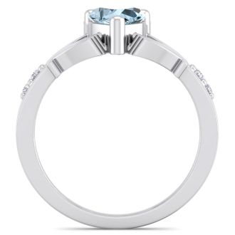 Aquamarine Ring: Aquamarine Jewelry: 3/4 Carat Heart Shape Aquamarine and Diamond Claddagh Ring In 14 Karat White Gold
