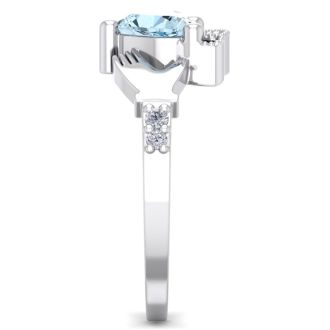 Aquamarine Ring: Aquamarine Jewelry: 3/4 Carat Heart Shape Aquamarine and Diamond Claddagh Ring In 14 Karat White Gold