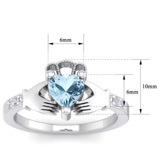 Aquamarine Ring: Aquamarine Jewelry: 3/4 Carat Heart Shape Aquamarine and Diamond Claddagh Ring In 14 Karat White Gold