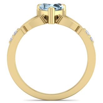 Aquamarine Ring: Aquamarine Jewelry: 3/4 Carat Heart Shape Aquamarine and Diamond Claddagh Ring In 14 Karat Yellow Gold
