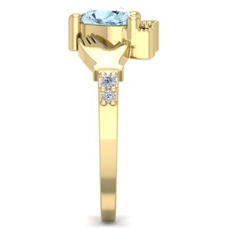 Aquamarine Ring: Aquamarine Jewelry: 3/4 Carat Heart Shape Aquamarine and Diamond Claddagh Ring In 14 Karat Yellow Gold