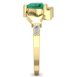 3/4 Carat Heart Shape Emerald and Diamond Claddagh Ring In 14 Karat Yellow Gold