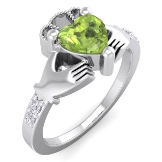 1 Carat Heart Shape Peridot and Diamond Claddagh Ring In 14 Karat White Gold