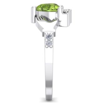 1 Carat Heart Shape Peridot and Diamond Claddagh Ring In 14 Karat White Gold