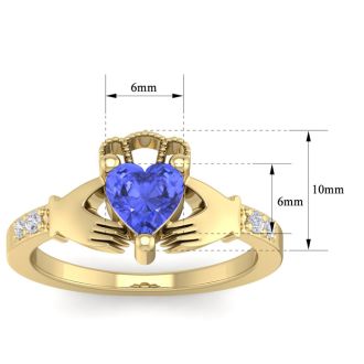 1 Carat Heart Shape Tanzanite and Diamond Claddagh Ring In 14 Karat Yellow Gold