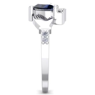 1 1/5 Carat Heart Shape Sapphire and Diamond Claddagh Ring In 14 Karat White Gold
